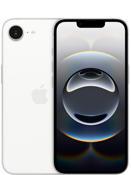 Vooraanzicht van iPhone 16e in de kleur wit, gedeeltelijk achteraanzicht van iPhone 16e met camera.