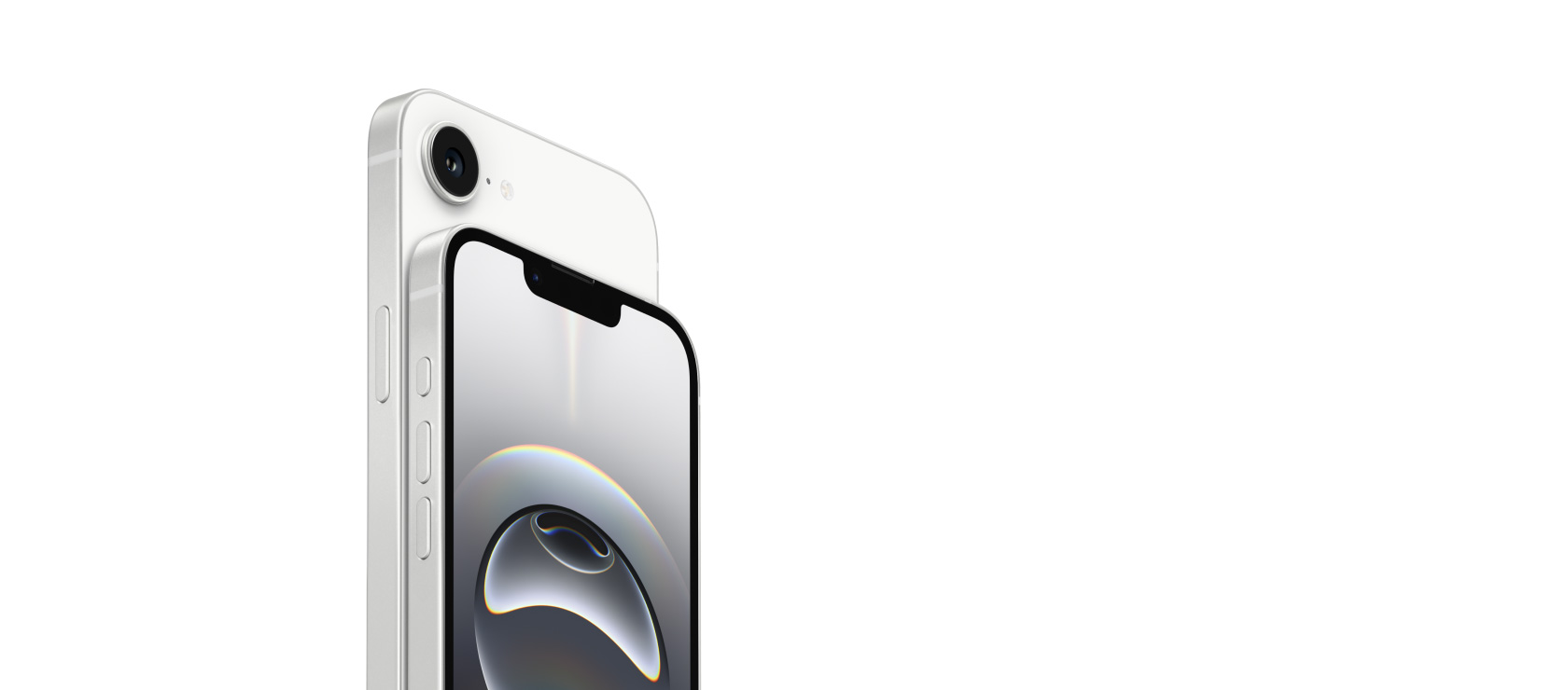 Gedeeltelijk vooraanzicht van iPhone 16e met het Retina-display en een achteraanzicht van iPhone 16e met camera.