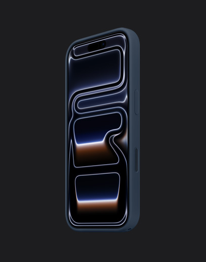 iPhone 17 Pro, predná strana, temná modrá farba, so silikónovým krytom v námornickej modrej