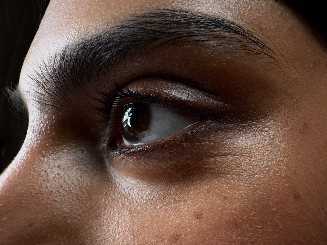 Žena pózuje v dlhých červených šatách v prázdnej miestnosti. Apka Fotky prepína medzi nasledujúcimi ohniskovými vzdialenosťami a predvádza možnosti sústavy profesionálnych kamier: 200 mm, 100 mm, 48 mm, 35 mm, 28 mm, 13 mm a makrofotografia