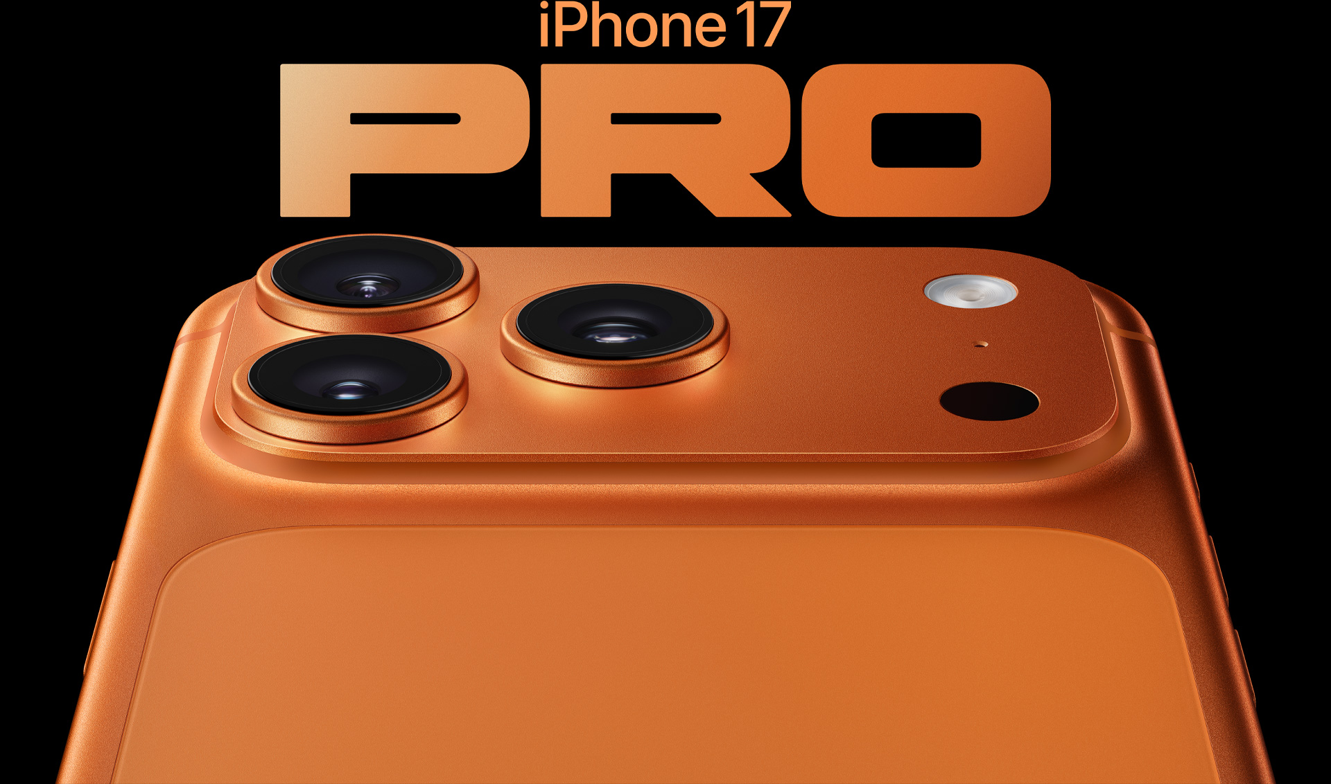 iPhone 17 Pro, kozmická oranžová, časť zadnej strany, vľavo hore je sústava profesionálnych kamier, tri objektívy, mikrofón, blesk
