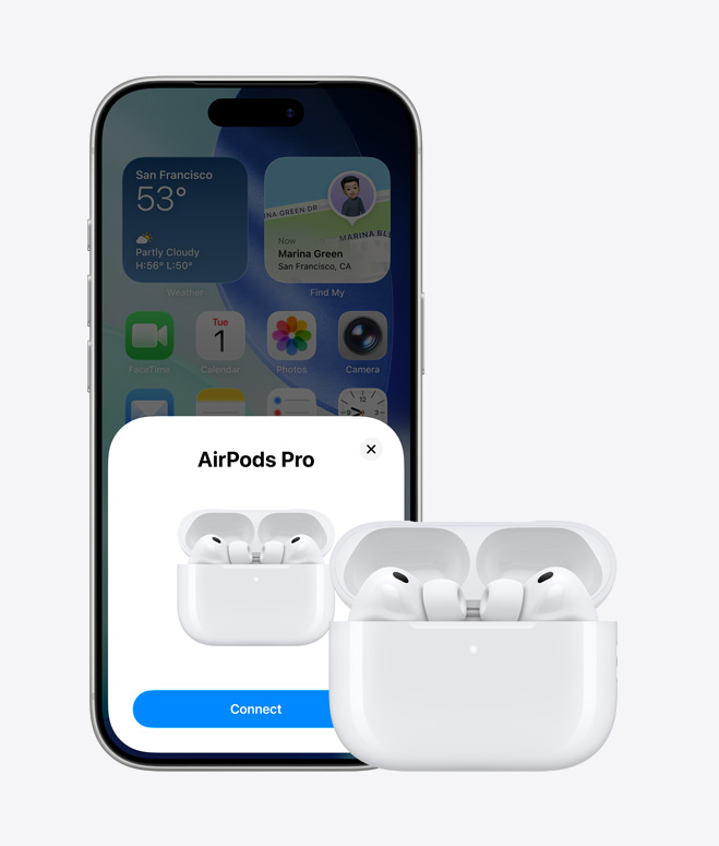 iPhone&nbsp;17&nbsp;Pro, predná strana, domovská obrazovka na&nbsp;pozadí, obrazovka s&nbsp;vyskakovacím oknom pripojenia slúchadiel AirPods, slúchadlá AirPods v&nbsp;otvorenom puzdre vedľa iPhonu