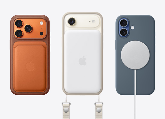 Đặt cạnh nhau, vỏ ngoài mặt sau iPhone 17 Pro gắn Ví Vải Tinh Dệt MagSafe, vỏ ngoài mặt sau iPhone Air màu Vàng Nhạt gắn Dây Đeo Chéo và pin MagSafe, vỏ ngoài mặt sau iPhone Pro gắn ốp lưng màu xanh dương và bộ sạc MagSafe