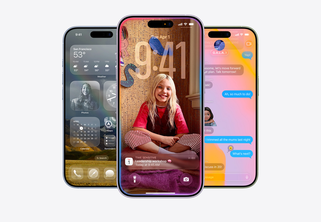 iPhone 17 devices, front exterior, finishes: mist blue, lavender, sage, iOS 26 features - Home Screen with various apps displayed, Calendar pop-up on personalized Lock Screen, iPhone screen showing Messages with Liquid Glass design