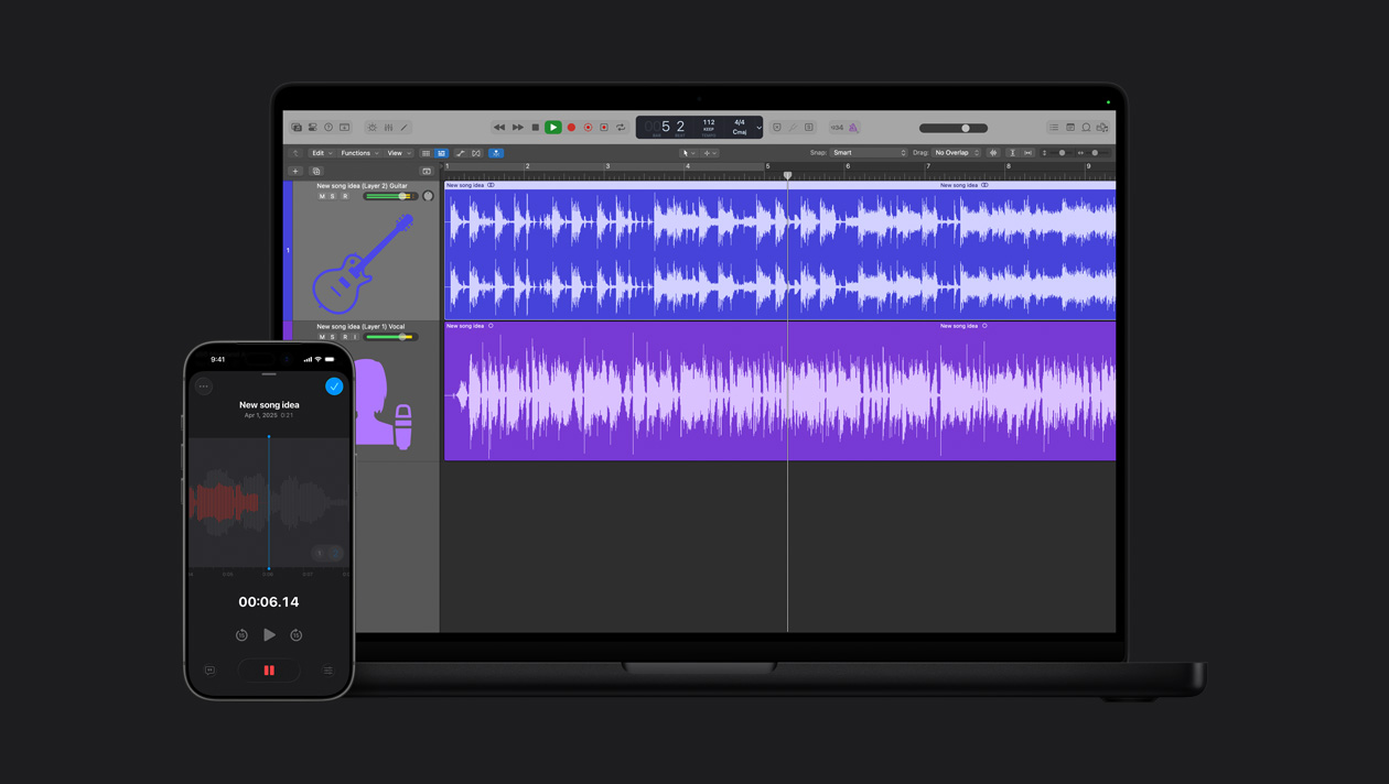 MacBook Pro 16 screen showing workspace with two rows for vocal and guitar, soundwaves, iPhone 17 Pro screen of Logic Pro Voice Memos, recording in red, sound waves, play button, new song idea, date and duration