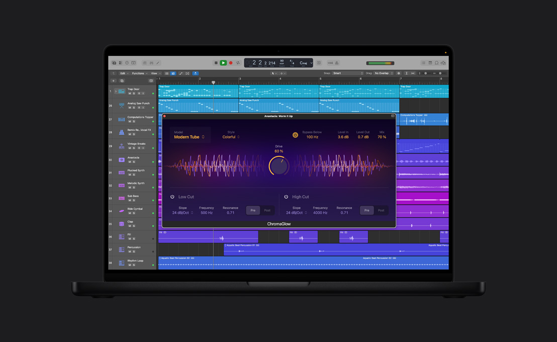 MacBook Pro 16 screen showing ChromaGlow, Anastacia: Warm It Up window, model, style, bypass below, level in, level out and mix settings