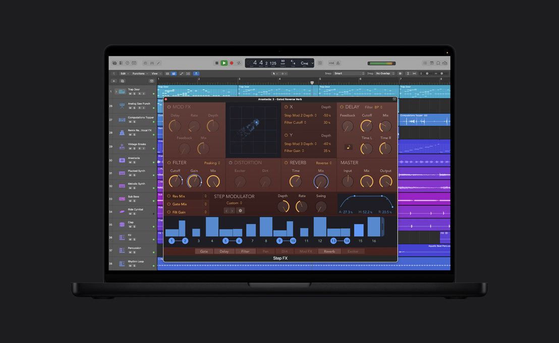 MacBook Pro 16 screen showing Step FX, Anastacia: 3 - Gated Reverse Verb window, mod effects, delay, filter, distortion, reverb and master dials, blue graph at the bottom