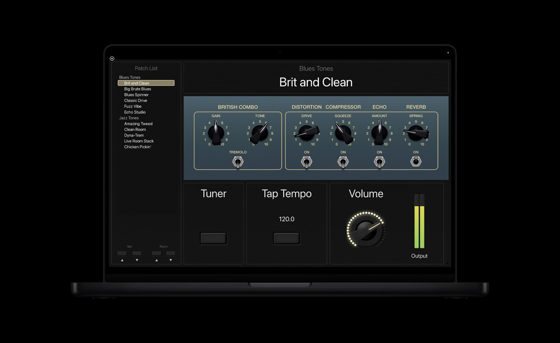 MacBook Pro 16 screen showing Patch List panel on the left, Blue Tones in the centre with dials, at the bottom sections for Tuner, Tap Tempo, Volume