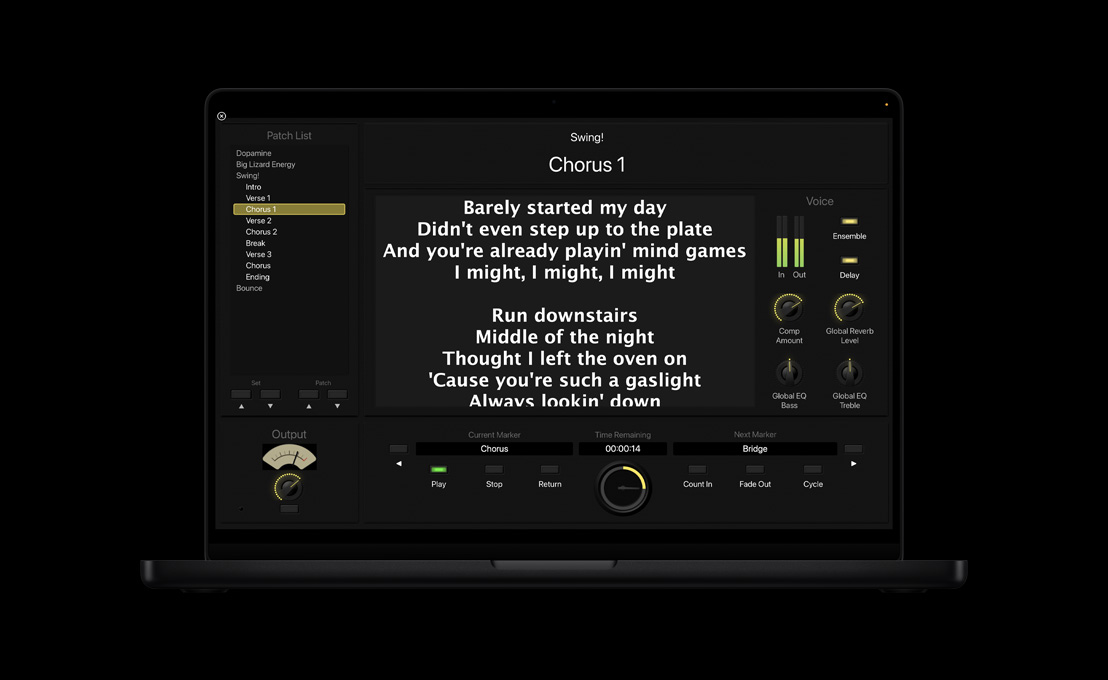 MacBook Pro 16 screen showing Patch List panel on the left, Chorus 1 lyrics in the centre, Voice settings on the right, at the bottom sections for Output, Current Marker, Time Remaining, and Next Marker