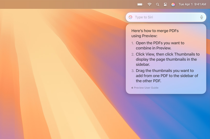 Egy szöveges felugró ablak látható Siritől, a felhasználó által keresett, több PDF egyesítésére vonatkozó információval.