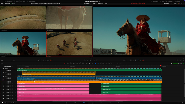 Studio Display és Mac Studio, melyeken többkamerás videót szerkesztenek a DaVinci Resolve Studióban