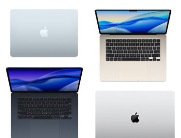 Quatro computadores Mac de vários modelos, tamanhos e cores, para demonstrar a variedade de personalização