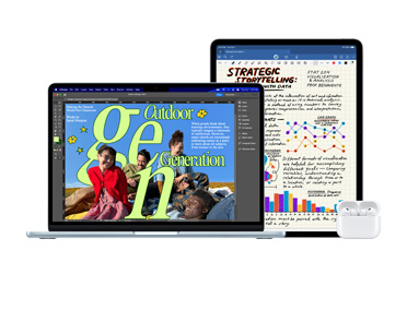 MacBook Pro, AirPods e iPad apresentados lado a lado