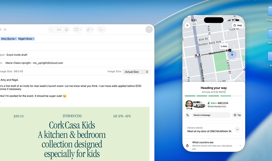 MacBook Pro, Mail app open, iPhone screen mirrored on MacBook Pro screen shows Uber Eats arriving