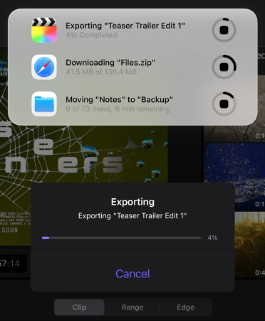 Folyamatban lévő és egyszerre futó Élő tevékenységek listája, amelyen többek közt egy előzetes exportálása, nagy fájlok letöltése és a Jegyzetek Biztonsági mentésbe való áthelyezése látható