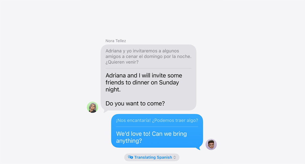 Élő fordítás az Üzenetekben. A példa a spanyol és az angol nyelv közötti automatikus fordítást mutatja.