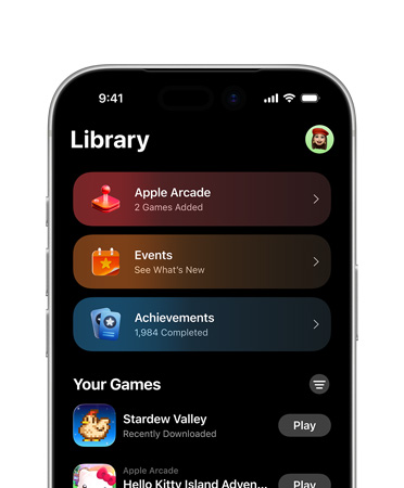 iPhone, top half only, screen shows Games app layout, including Library tab, Apple Arcade, Events, Achievements and All Games section