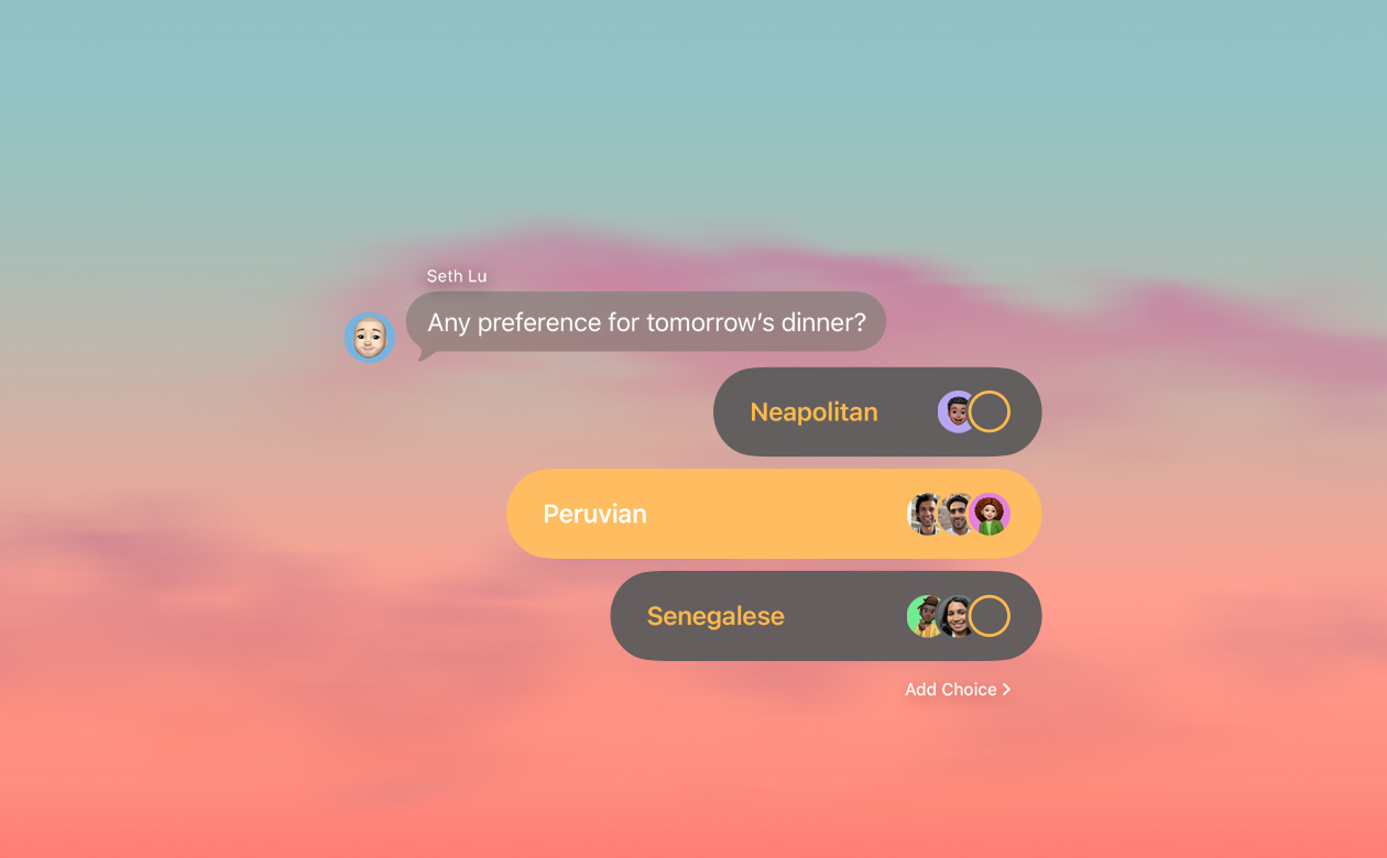 Polls and backgrounds features in Messages with people in the group chat voting on what to have for dinner