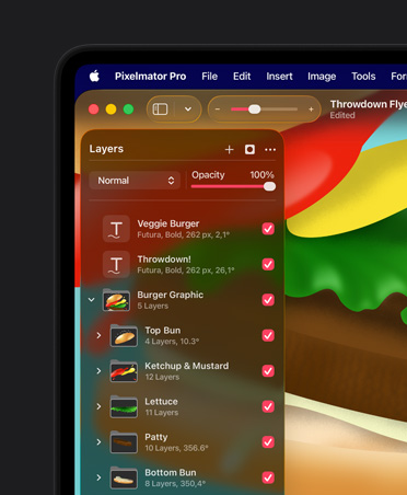 MacBook Pro 16 screen, colourful illustration of hamburger, Pixelmator Pro arrange tools