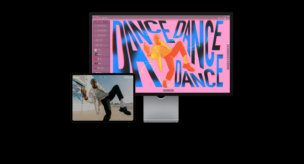 iPad Pro 13 screen, photo of man dancing, iMac screen, same photo of man but retouched to add colour and type