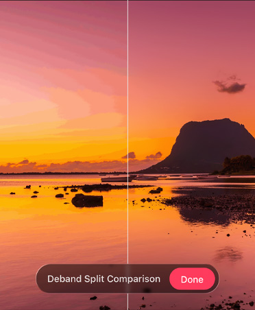 Image of sunset at beach, bottom of photo shows colour debanding tool