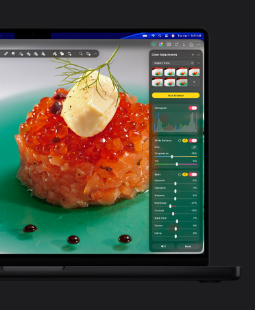 MacBook Pro 16 screen, close-up photo of salmon caviar on plate, colour adjustments tool