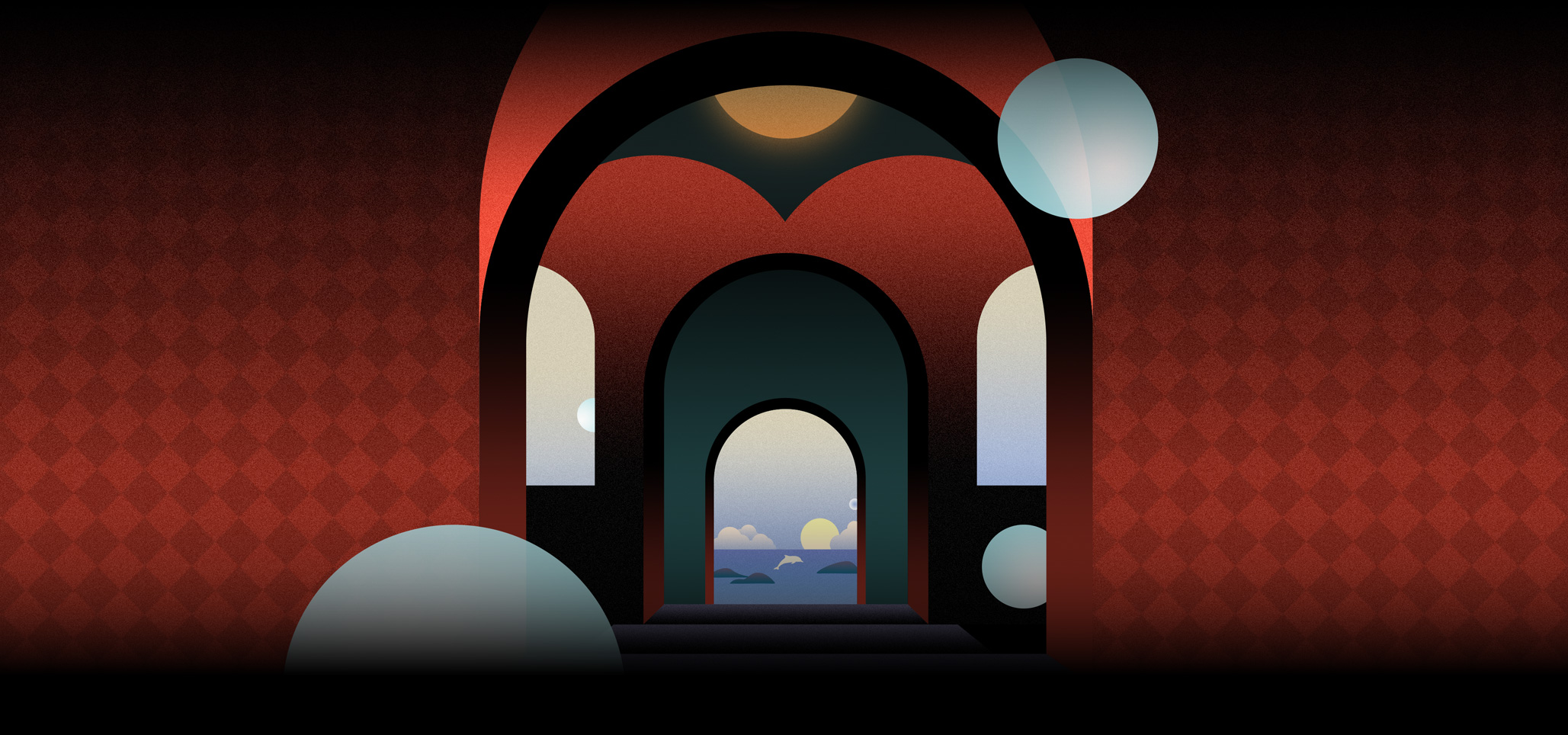 Highly stylised illustration of building interior