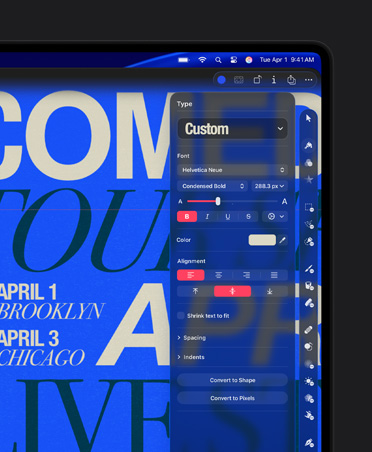 MacBook Pro 16 screen, image of poster for Comedy Tour, customised type tool