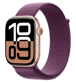 Apple Watch Series 10 with a Rose Gold aluminum case and Plum Sport Loop band.