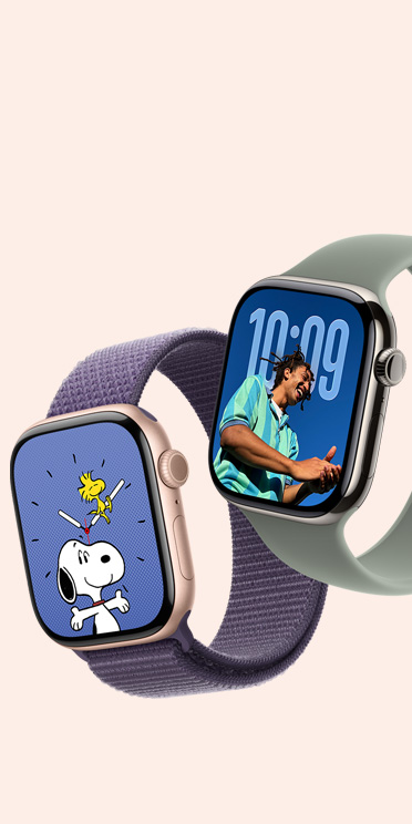 Modelos de Apple Watch Series 11, caja de aluminio, color gris espacial, caja de titanio, color natural, esferas Snoopy y Fotos, correa Loop deportiva, color niebla lila, correa Solo Loop, color gris verdoso