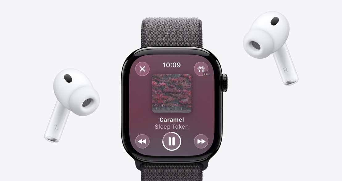 AirPods Pro 3, blancos, almohadillas de silicona, Apple Watch Series 11, caja de aluminio, color negro azabache pulido, Apple Music en reproducción en pantalla