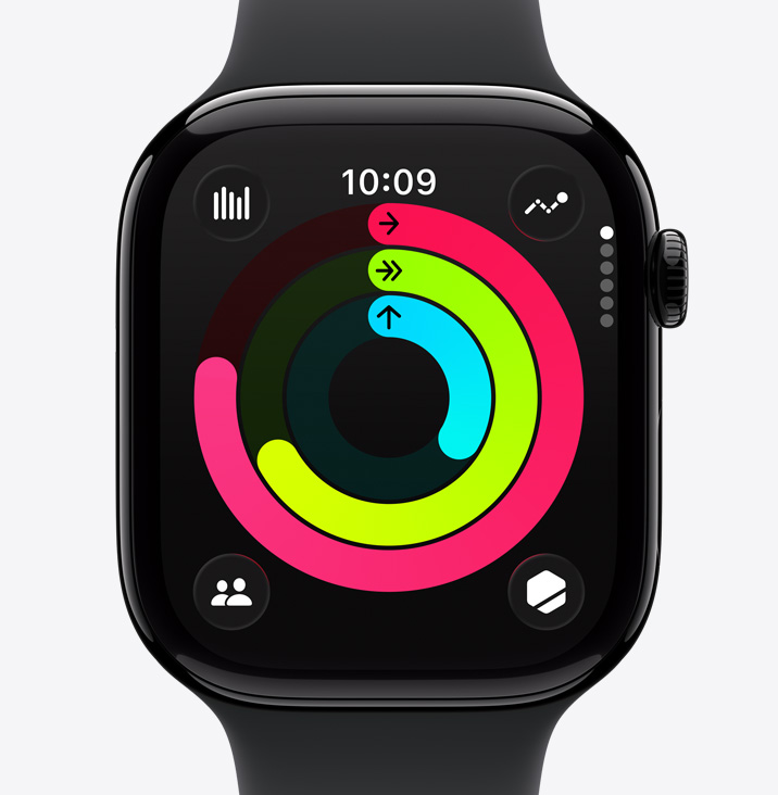 Apple Watch Series 11, caja de aluminio, color negro azabache pulido, anillos de Actividad: Movimiento, Ejercicio y De Pie