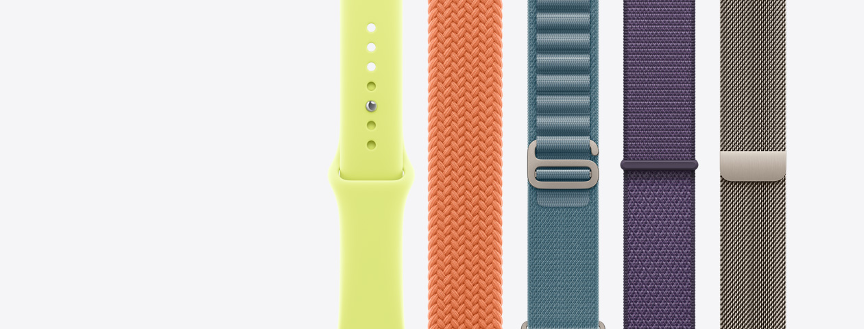 Correas para el Apple Watch: correa deportiva, color amarillo neón, correa Solo Loop trenzada, color cúrcuma, correa Loop Alpine, color azul claro, correa Loop deportiva, color niebla lila, pulsera Milanese Loop, color natural
