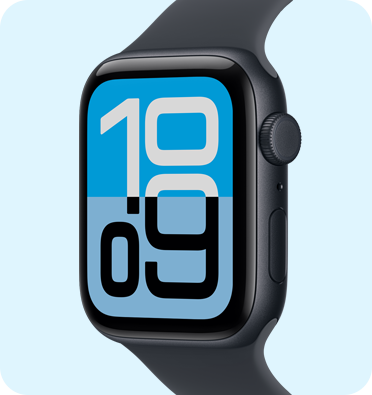 Apple Watch SE 3, caja de aluminio, color medianoche, esfera Flujo, lateral derecho, Digital Crown, micrófono, botón lateral, correa deportiva, color medianoche