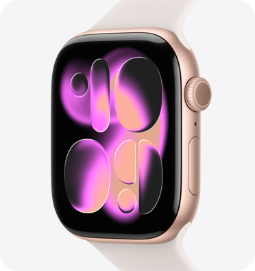Apple Watch Series 11, aluminum case, rose gold color, Responsive Art watch face, right side exterior, Digital Crown, microphone, side button, Sport Band, light blush color