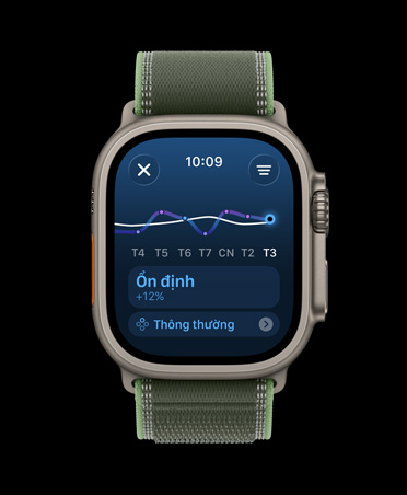 Apple Watch Ultra 3, natural color, titanium case, training load line graph and calendar, band, Trail Loop, green/neon color
