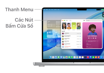 Hướng dẫn điều hướng trên macOS trên MacBook Pro 14" với các đường thể hiện vị trí của Thanh Menu và Các Nút Bấm Cửa Sổ.