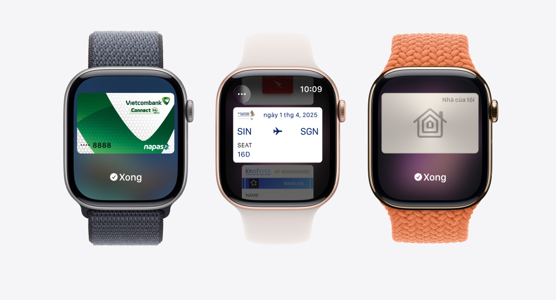 Apple Watch Series 11 devices, aluminum and titanium cases, silver, rose gold and gold colors, Apple Pay screen, Card, Apple Wallet, Transit Card, home key card, Bands: Sport Loop, anchor blue color, Sport Band, light blush color, Braided Solo Loop, turmeric color